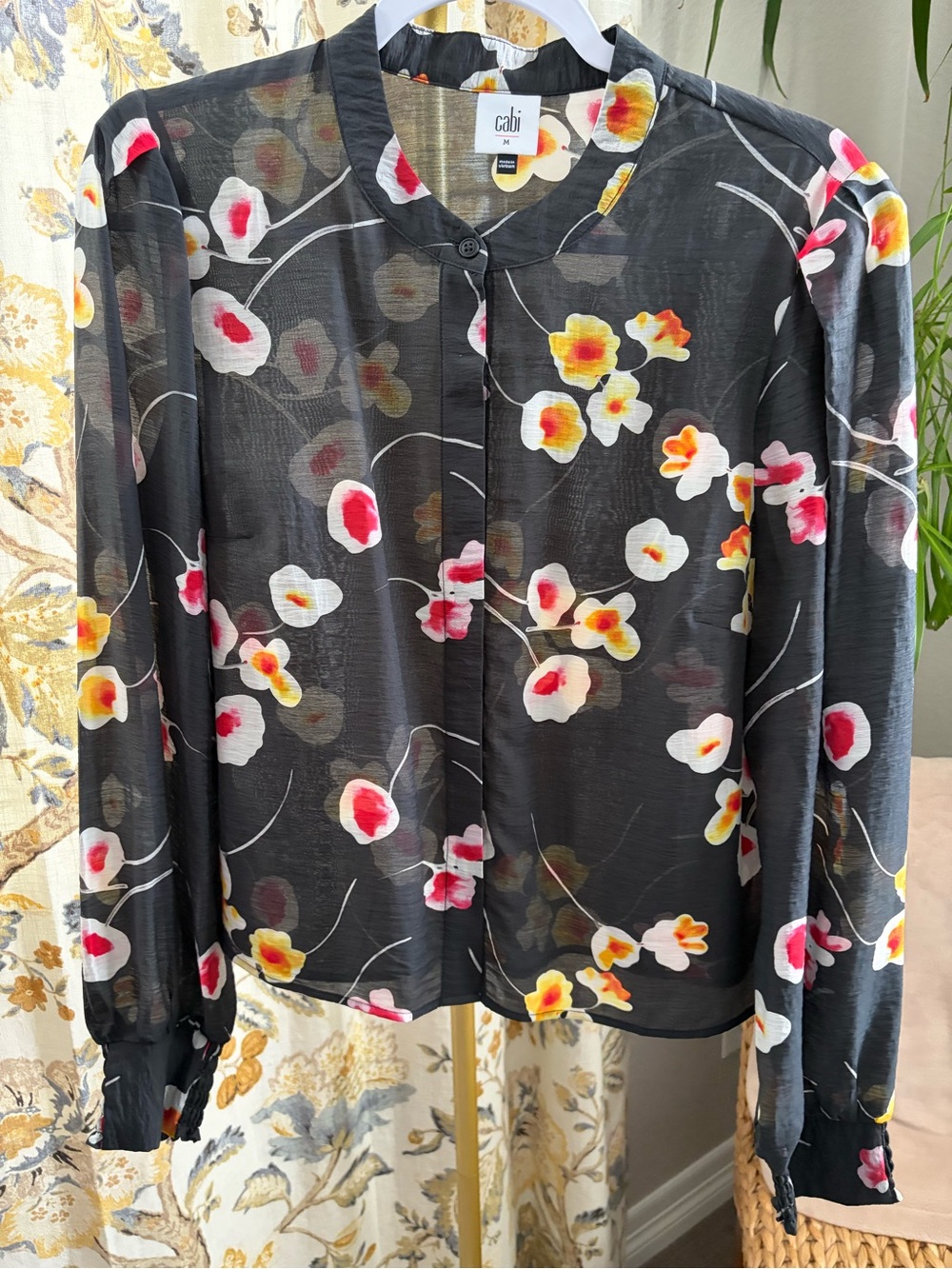Cabi #6504 Greenhouse Black Floral Button-Front Sheer Blouse Medium